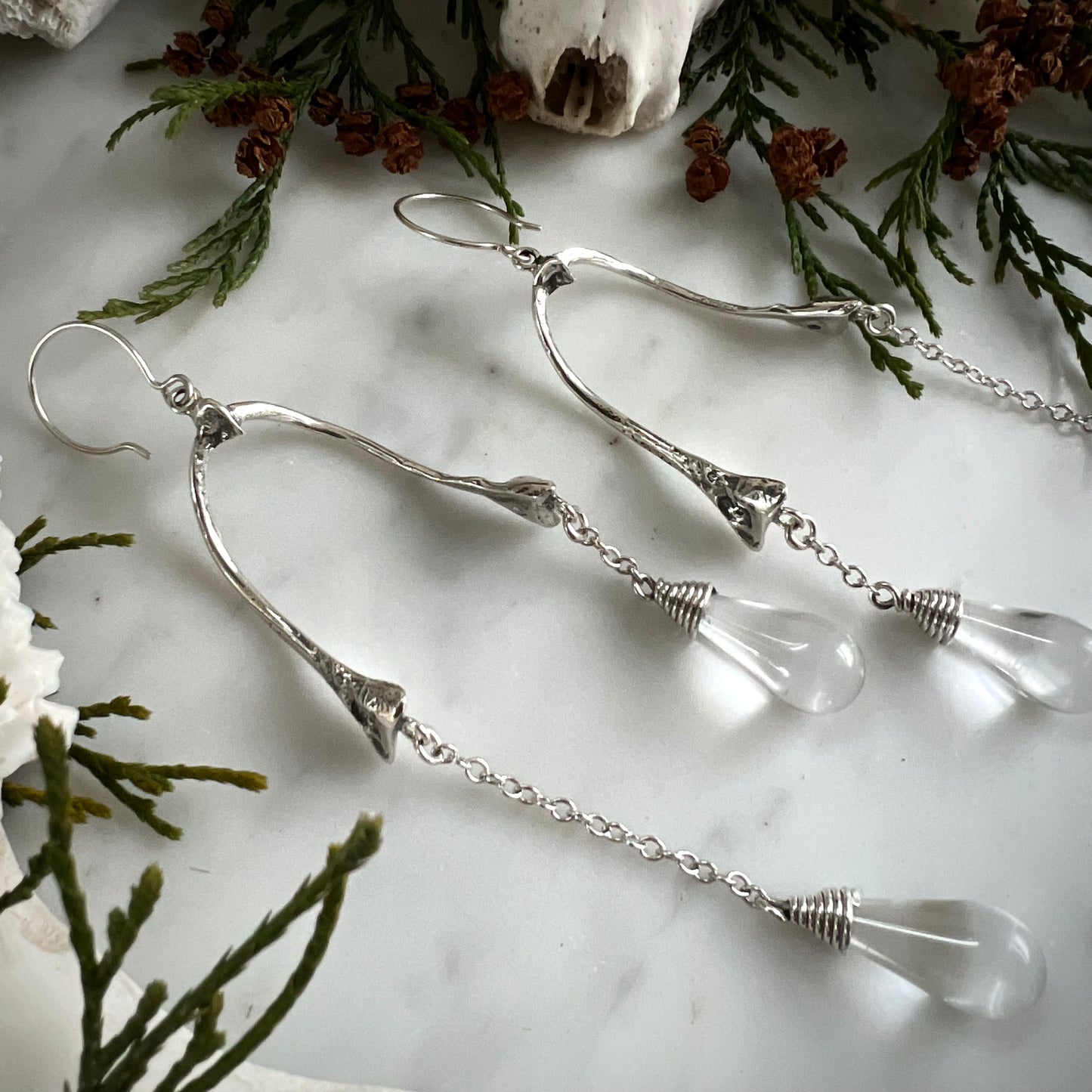 crow wishbone and quartz drop earrings