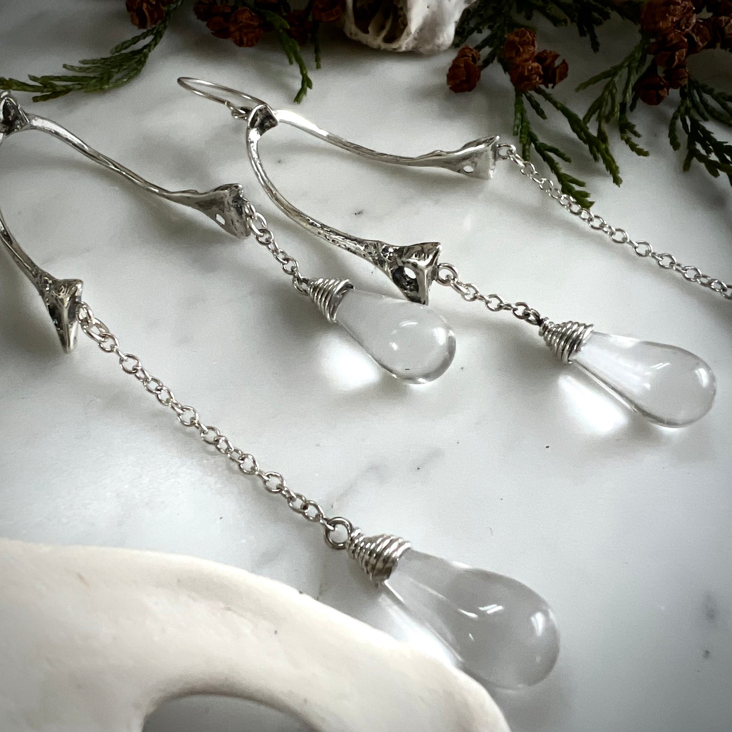 crow wishbone and quartz drop earrings