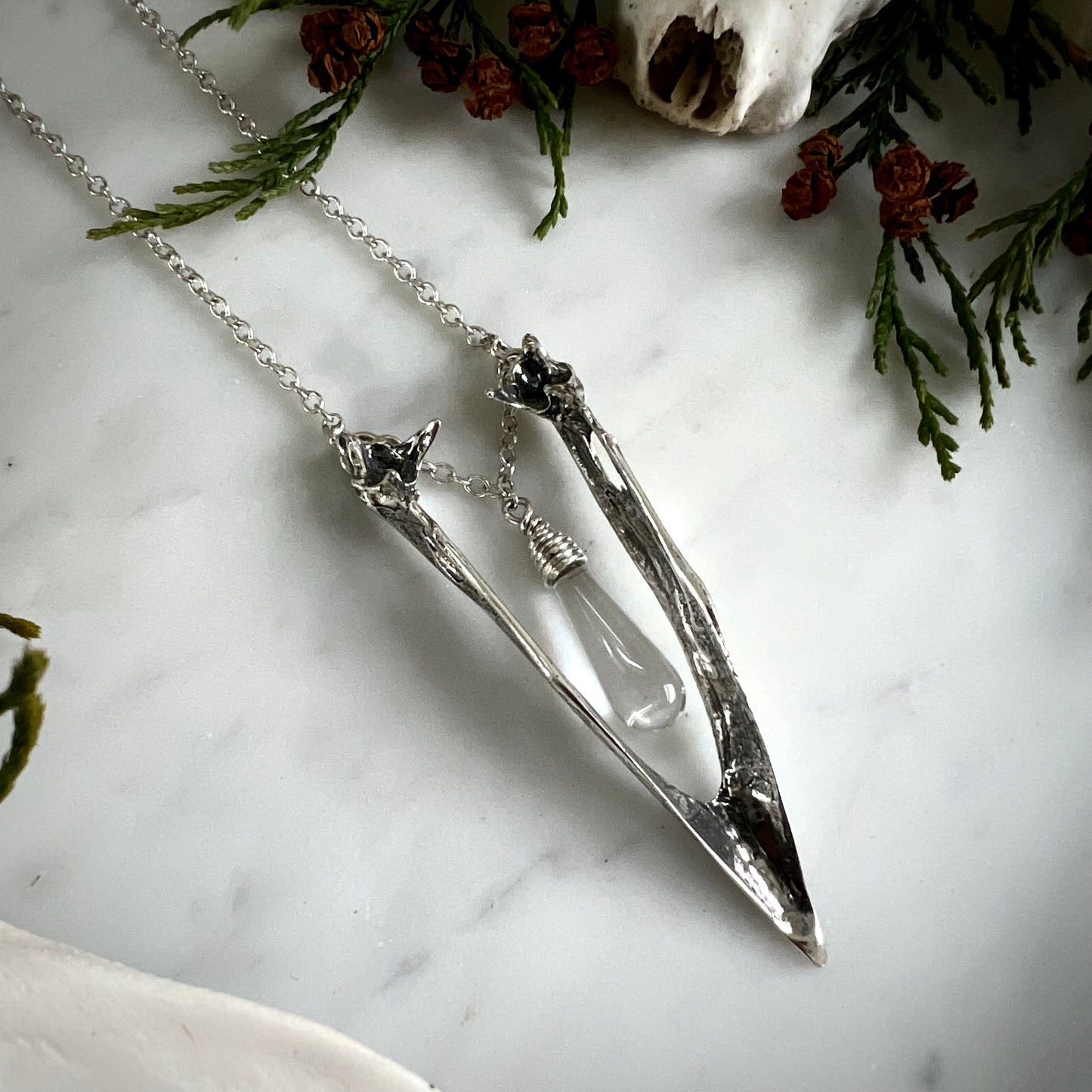 Crow mandible necklace with quartz drop