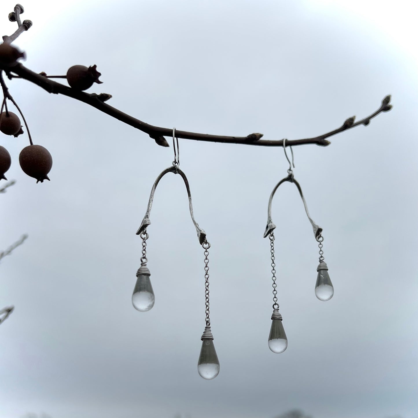 crow wishbone and quartz drop earrings