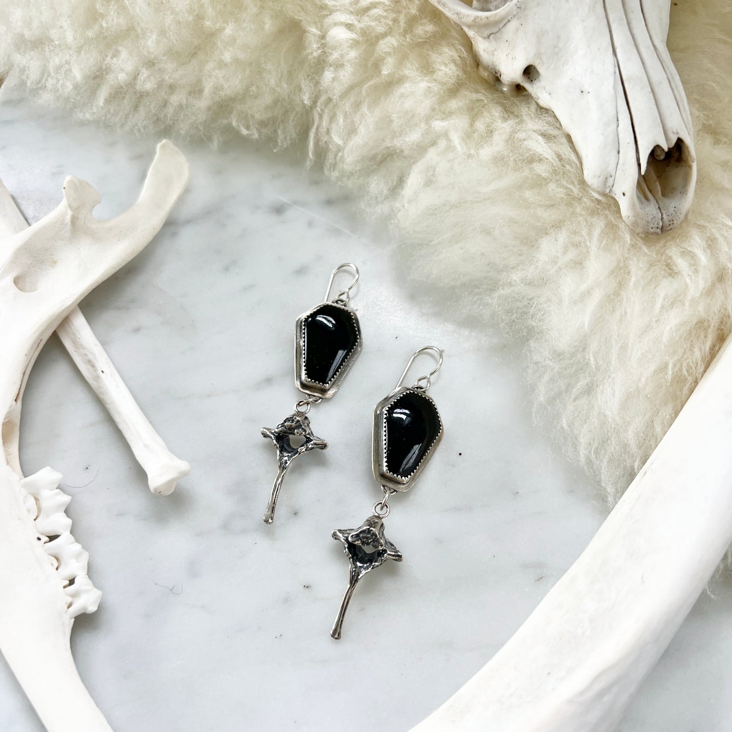 Black tourmaline coffins with sterling opossum vertebrae