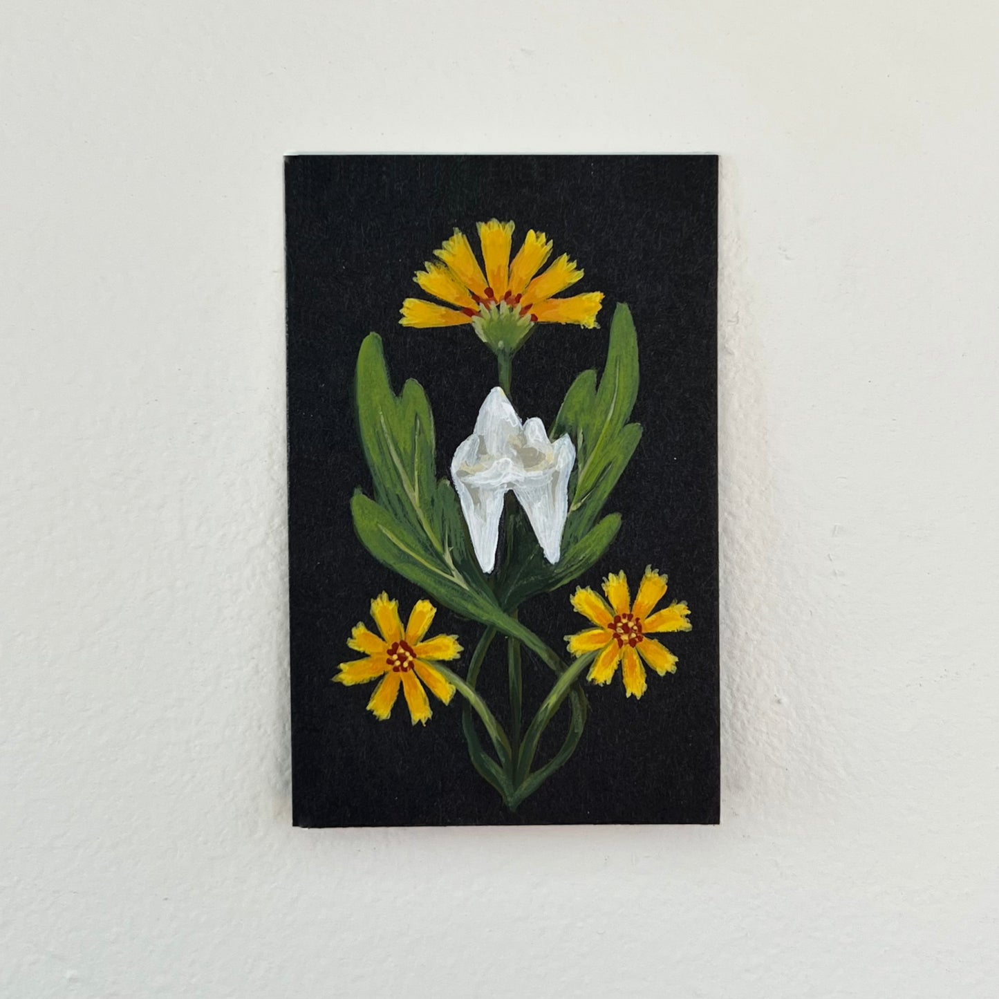 Fox Molar with yellow flowers original gouache painting