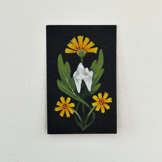 Fox Molar with yellow flowers original gouache painting