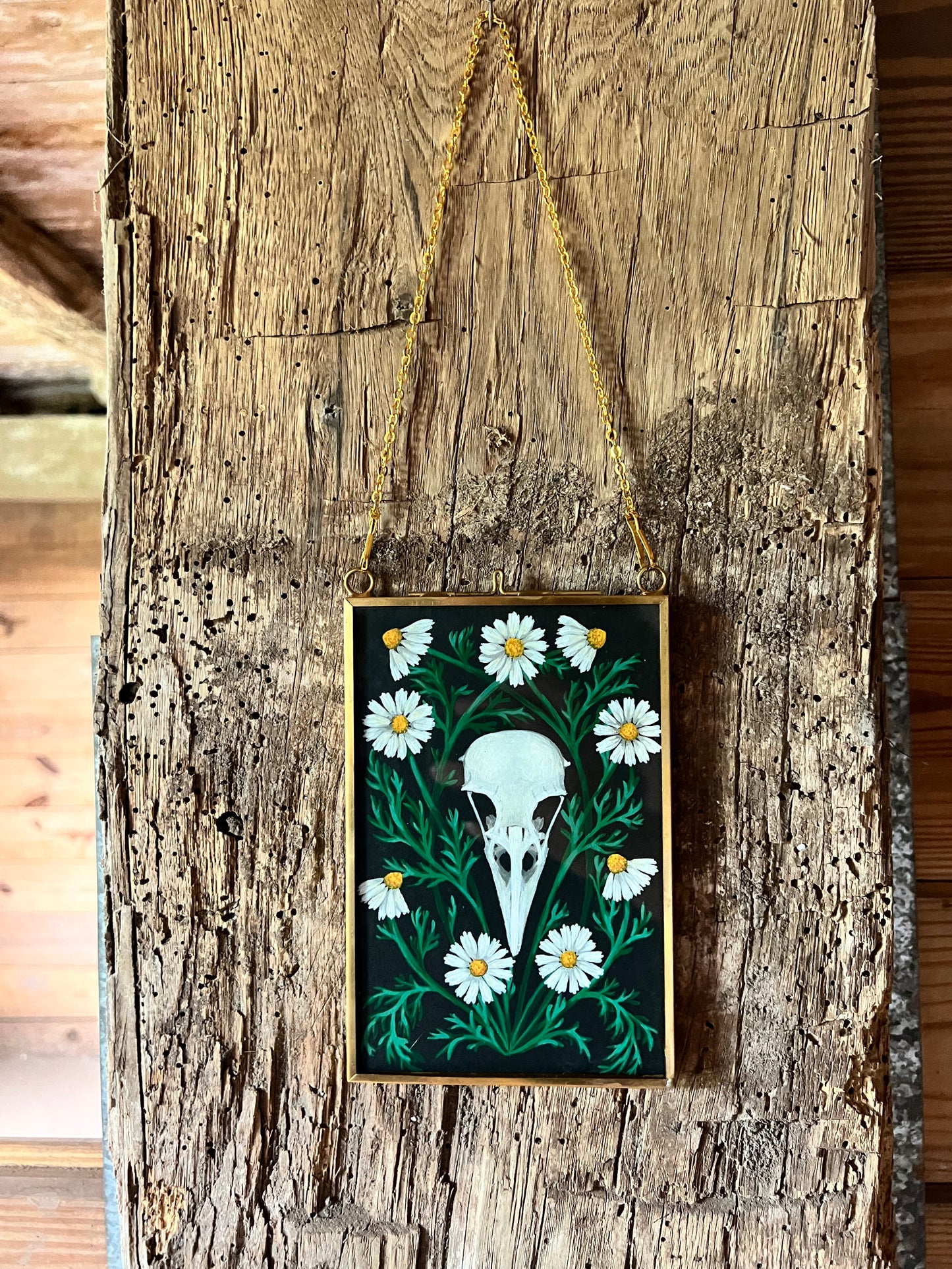 Crow skull and chamomile - Original gouache painting