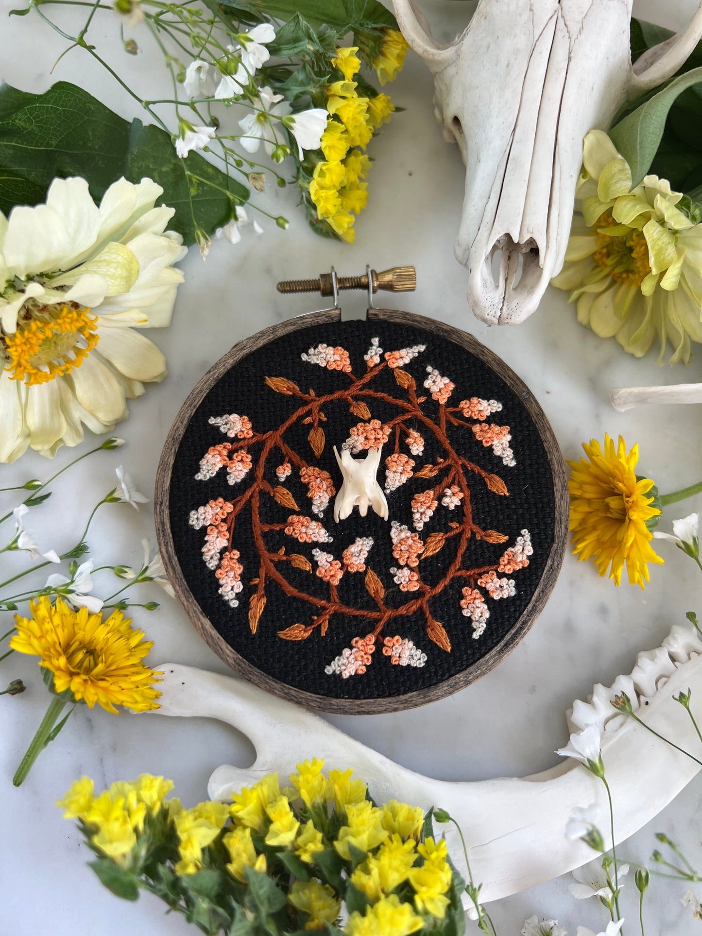 Coral flowers with squirrel vertebra 3x3 bone embroidery