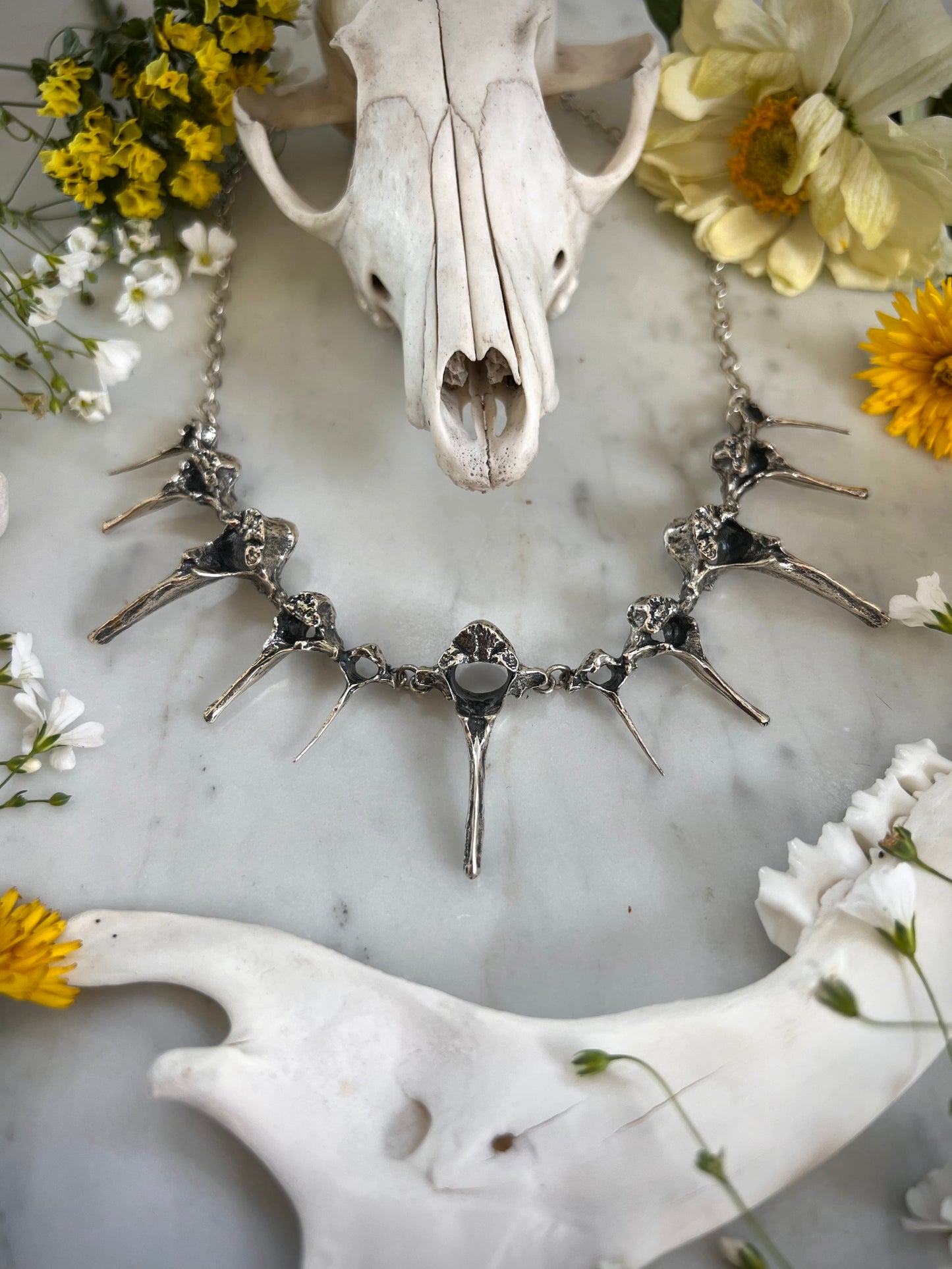 Sterling Fox, Opossum, and Squirrel Vertebrae Statement Necklace