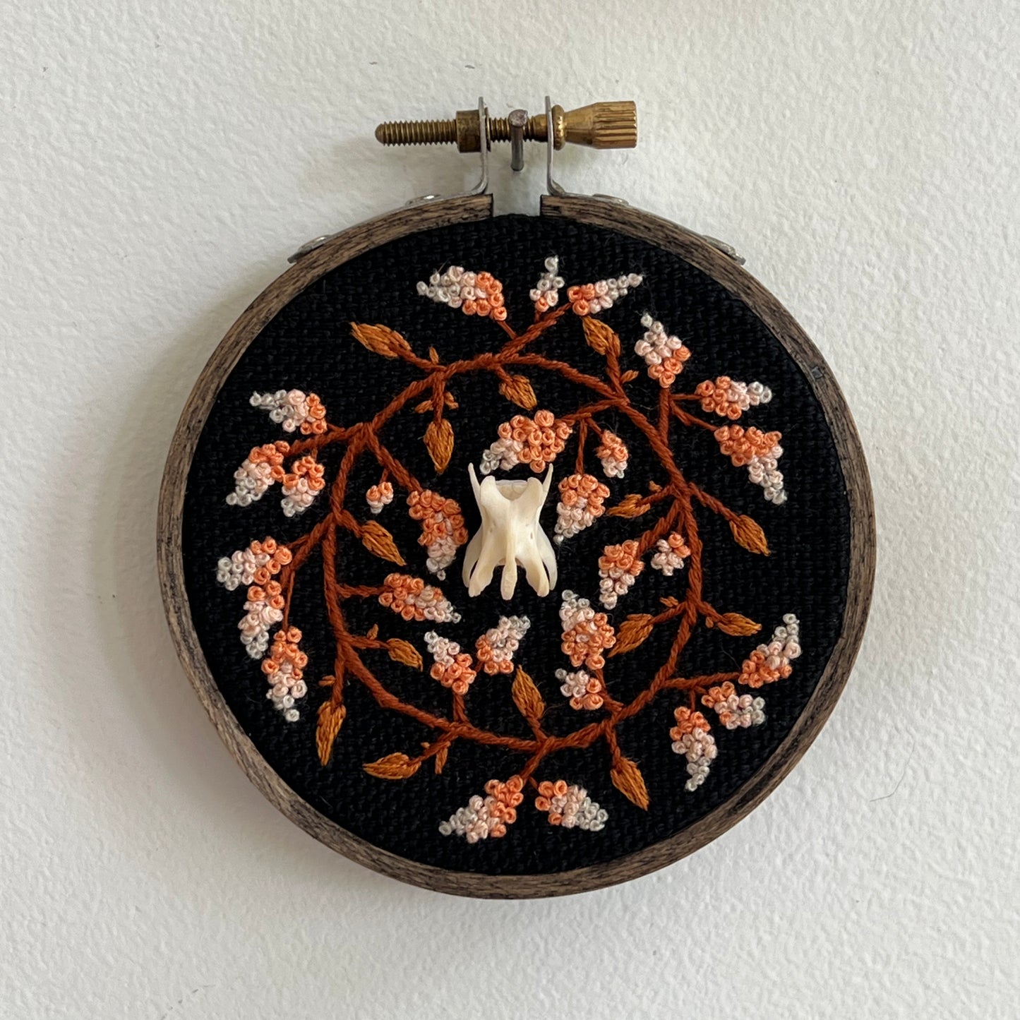 Coral flowers with squirrel vertebra 3x3 bone embroidery