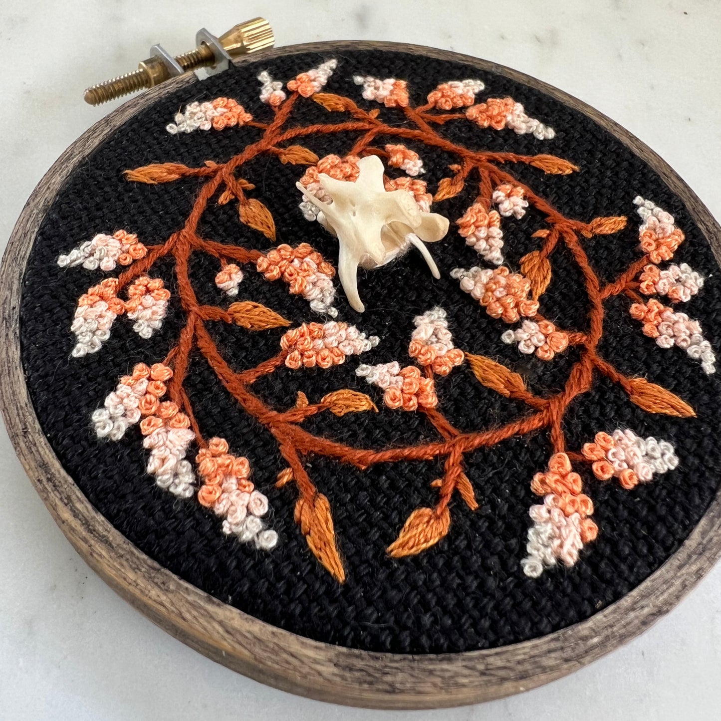 Coral flowers with squirrel vertebra 3x3 bone embroidery