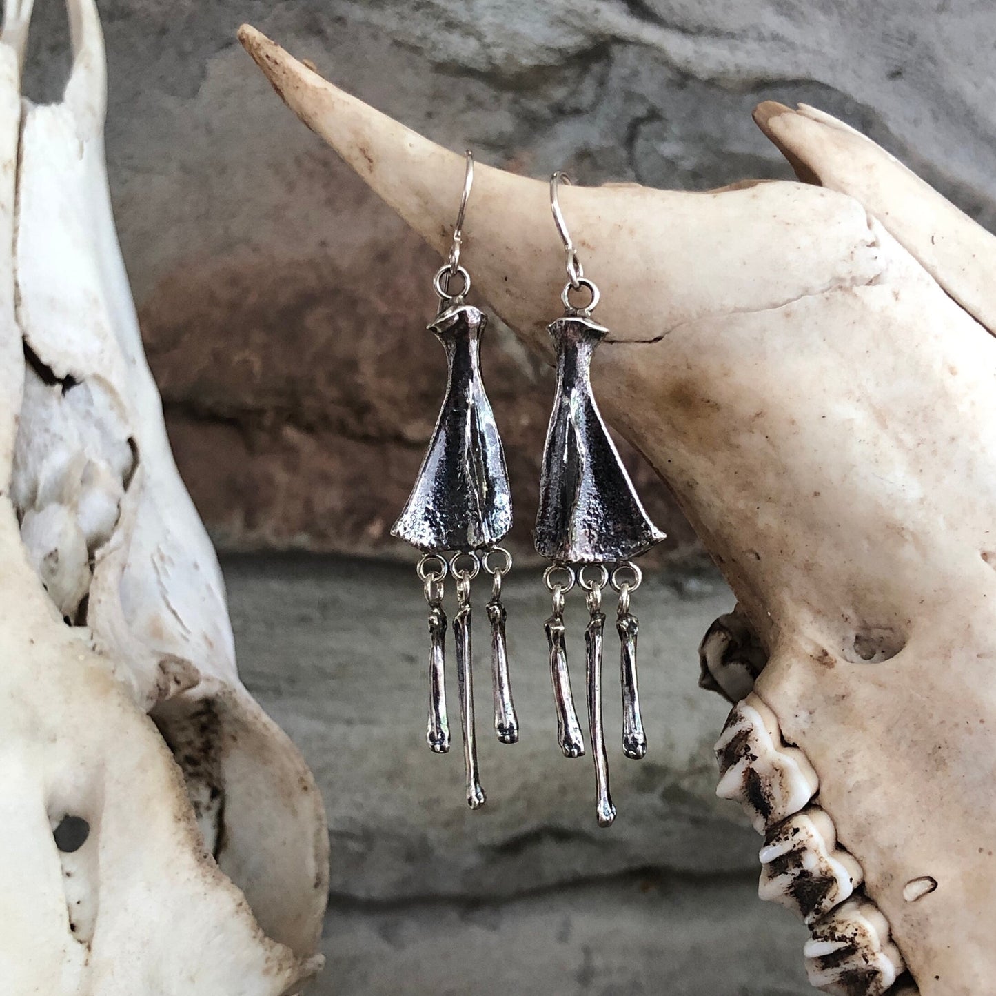 Sterling Silver rabbit scapulae with squirrel toe bone fringe
