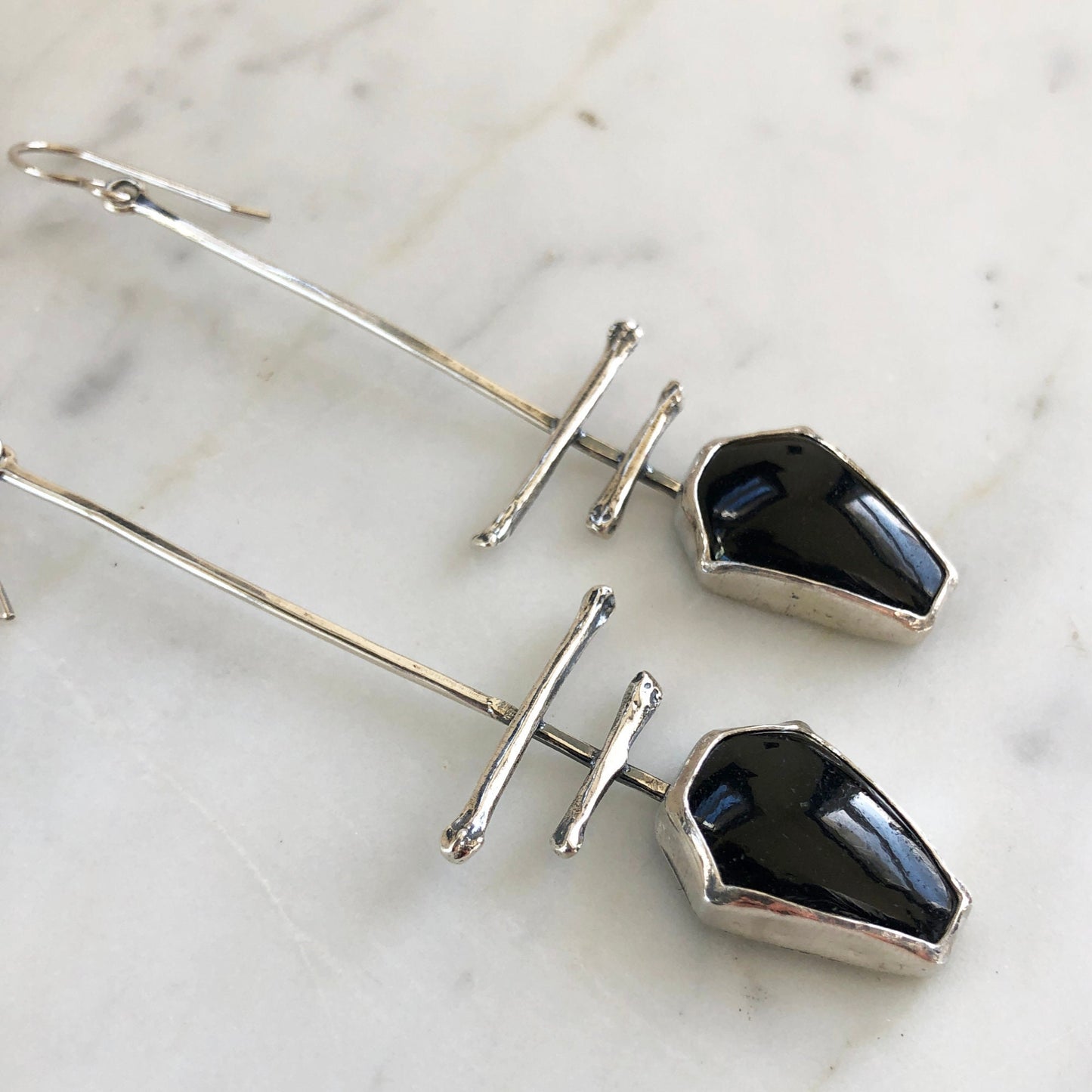 totem earrings with black tourmaline coffins