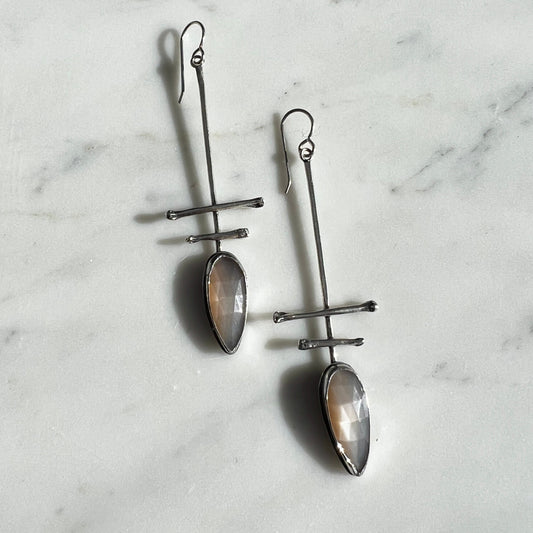 Totem earrings with peach-grey moonstone and squirrel toe bones