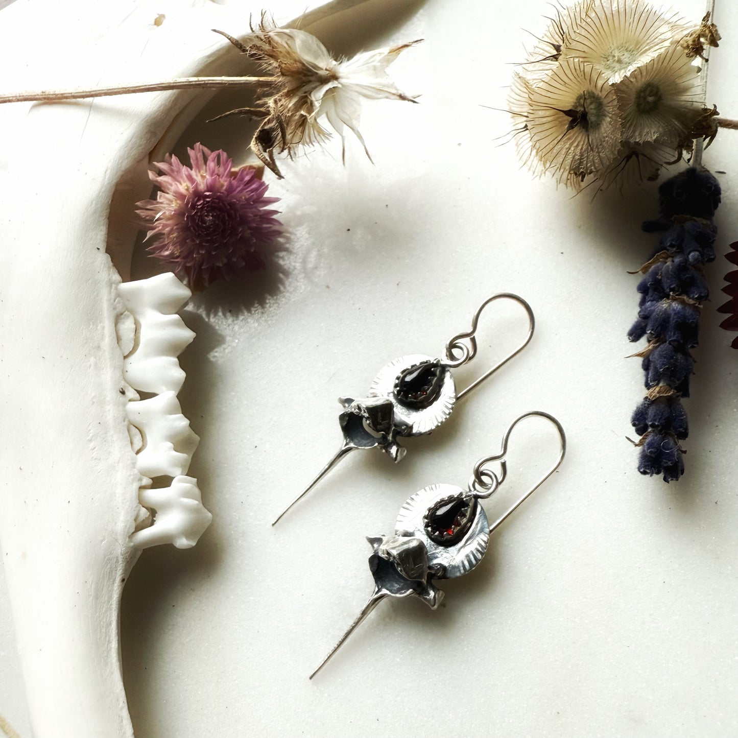 Garnet teardrop with Squirrel vertebrae earrings