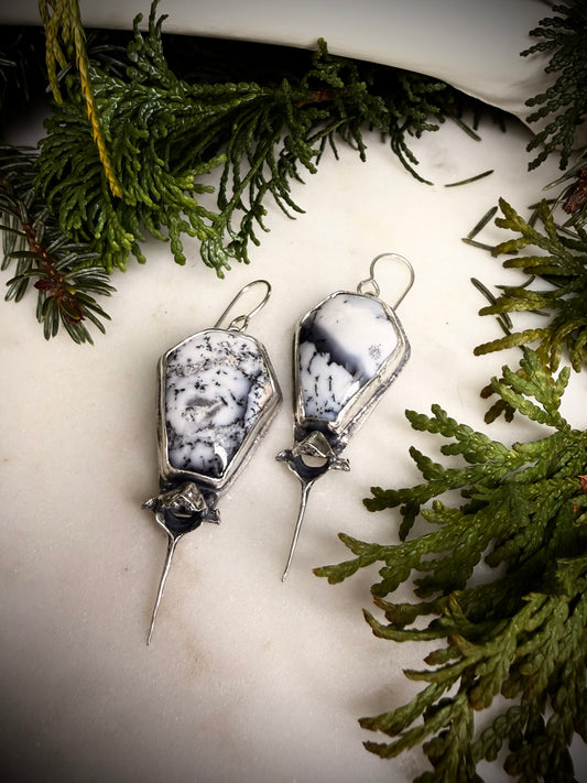 Dendritic opal and sterling squirrel vertebrae earrings