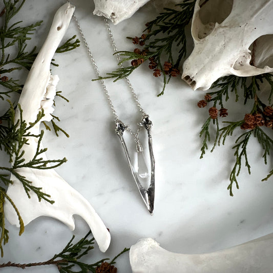 Crow mandible necklace with quartz drop