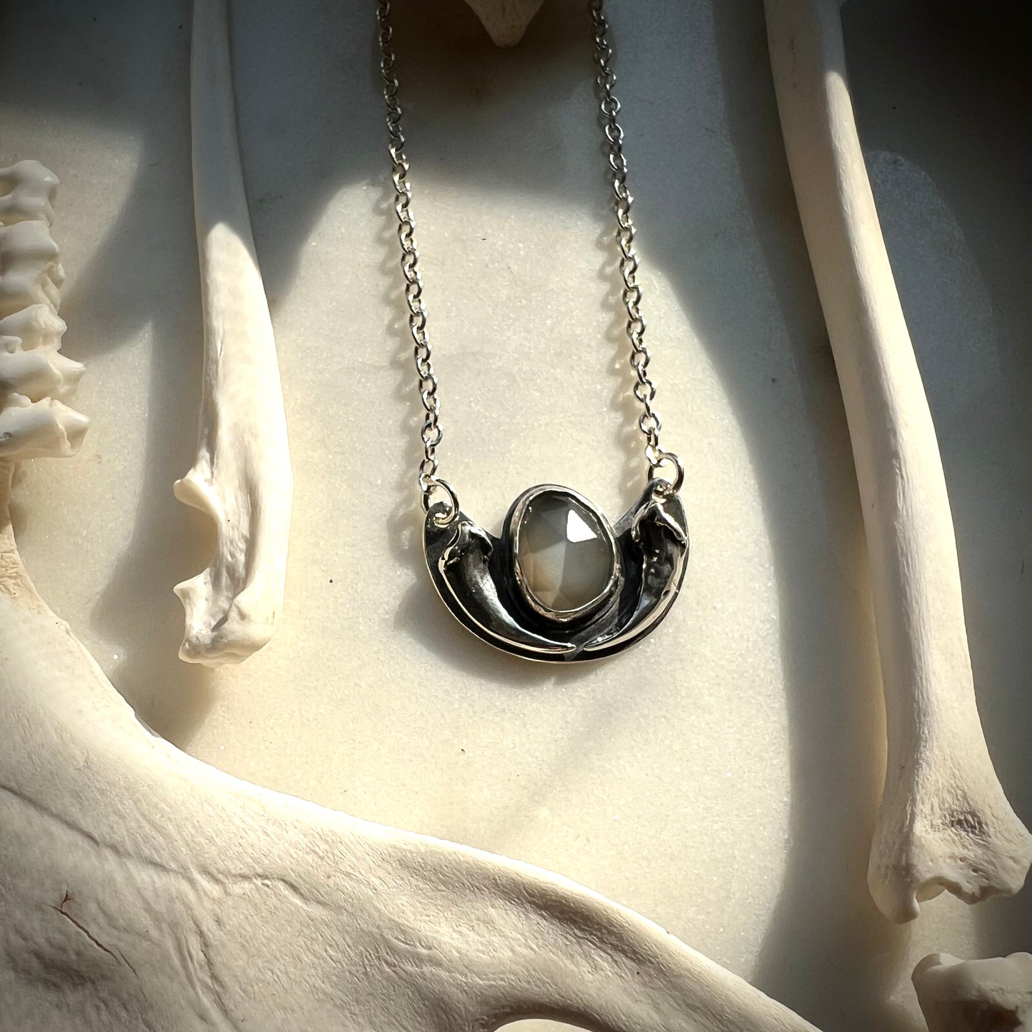 Fox claw crescent necklace with a faceted grey moonstone