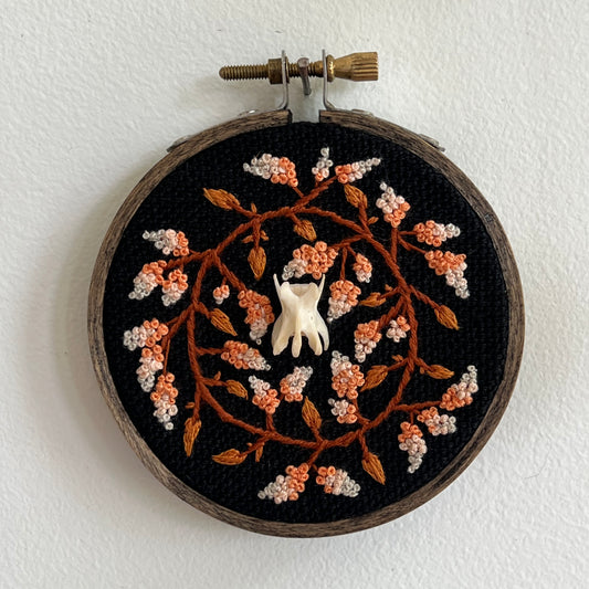 Coral flowers with squirrel vertebra 3x3 bone embroidery