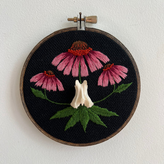 Echinacea with Fox Vertebra 4x4 bone embroidery