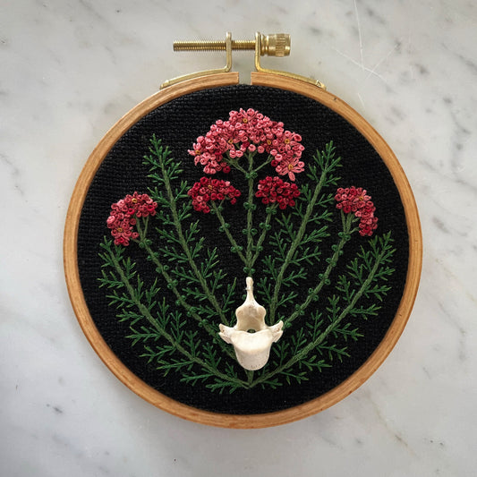 Pink Yarrow and Opossum Vertebra 4x4 bone embroidery