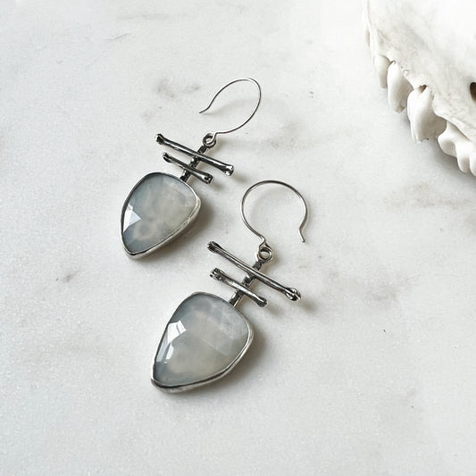 Totem earrings with faceted fancy White Moonstone