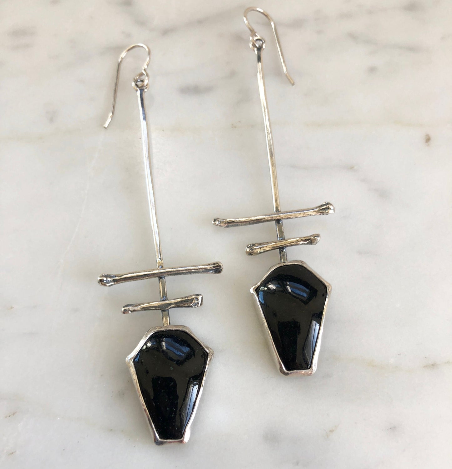 totem earrings with black tourmaline coffins